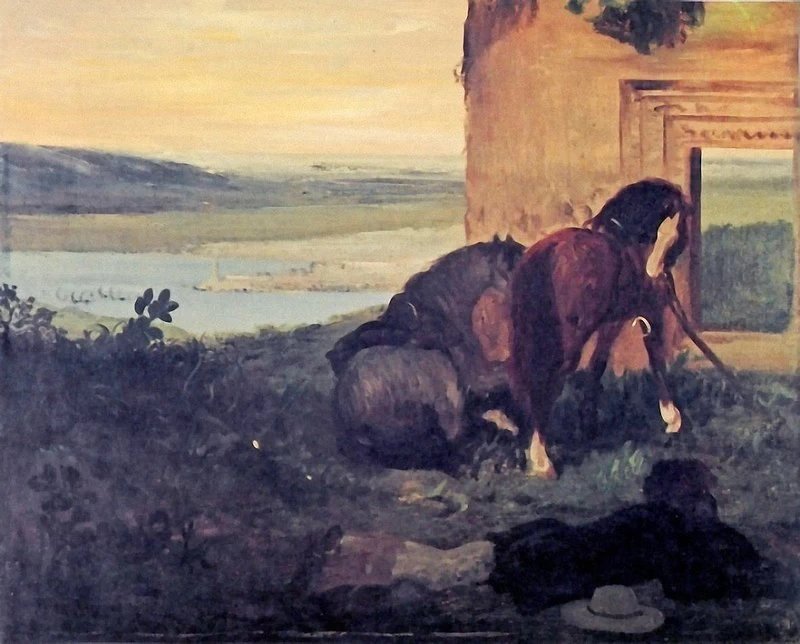 Cavalli e cavalieri a riposo in un paesaggio